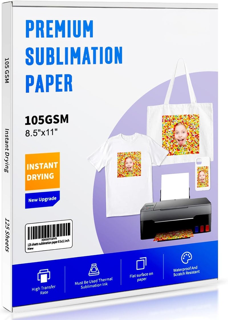 Enfinet Sublimation Paper 8.5 x 11 inches - 125 Sheets 105gsm Compatible with Any Inkjet Printer For DIY Unique Holiday Birthdays Gifts - Image 1